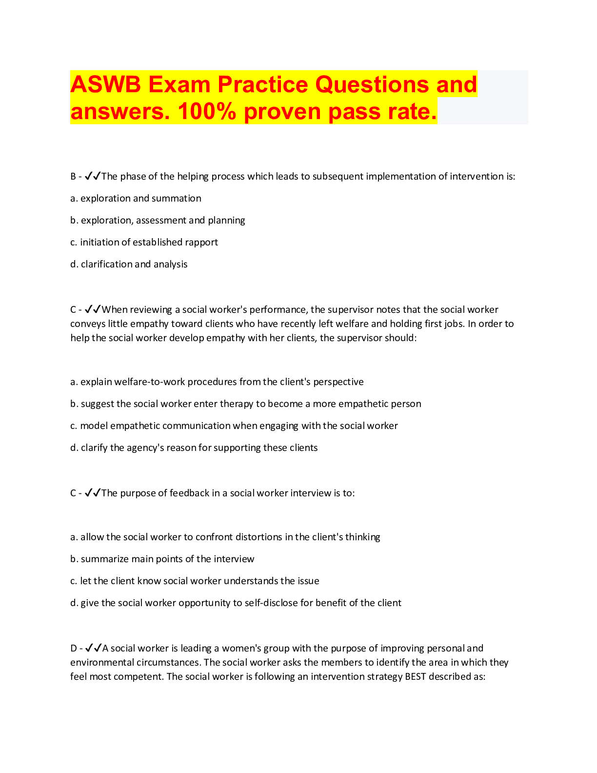 Preview image for ASWB Exam Practice Questions and answers. 100% proven pass rate.